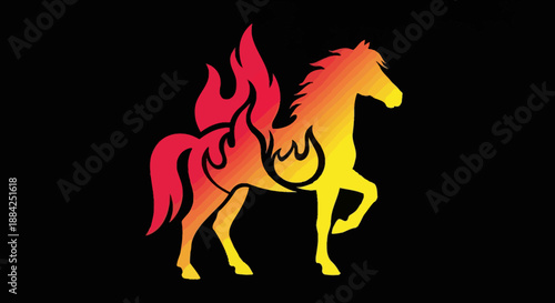 Stylized fiery horse with flames on its back and body, depicted in a vibrant red, orange, and yellow gradient against a dark background.