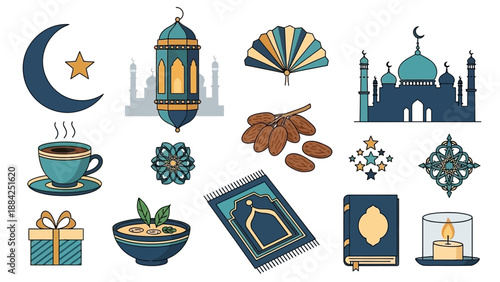 traditional Islamic and Ramadan symbols including a mosque, crescent moon, lanterns, dates, prayer mat, and other cultural