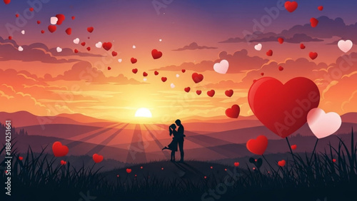 Romantic couple kissing with heart balloons at sunset landscape