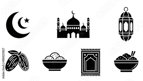 A collection of black silhouette icons representing Islamic culture and traditions, including a crescent moon, mosque, lantern, dates, prayer mat, and bowls of food.
