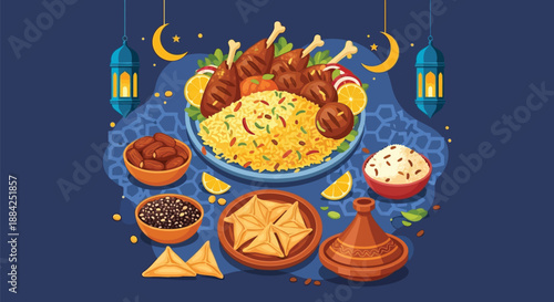 Delicious traditional middle eastern feast served beautifully for celebration or religious gathering