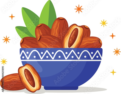 Delicious ripe brown dates full of energy are beautifully displayed inside a vibrant blue decorative bowl