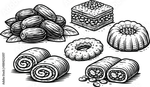 Traditional Indian Sweets Line Art Set with Hand Drawn Black and White Illustration