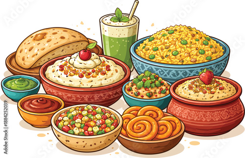 Traditional Indian Food and Sweets Platter with Curry, Snacks and Dessert Illustration