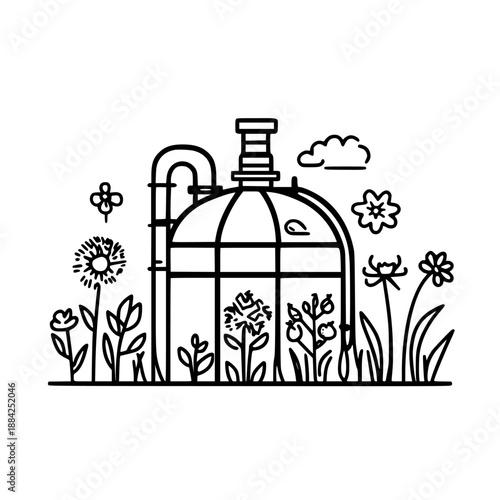 Eco Garden: Biodigester's Oasis | Clean, isolated vector art for creative projects.