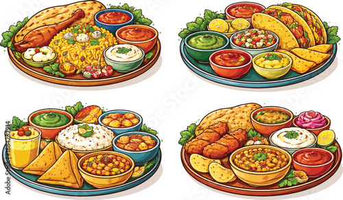 Traditional Indian Food Platter with Curry, Snacks and Street Food Illustration Set