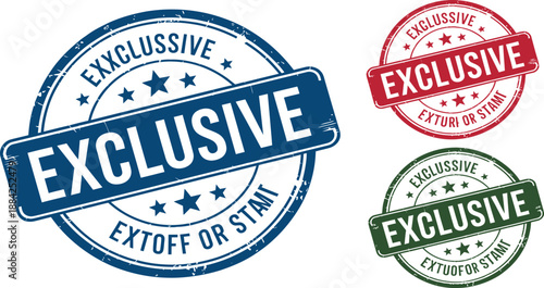 Three distressed rubber stamps declare items as exclusive with grungy texture.