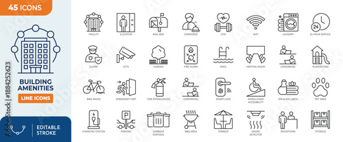 Building Amenities line editable icon set. Containing Building, Facilities, elevator, security, reception, parking, gym and more. Editable stroke. Vector Illustration
