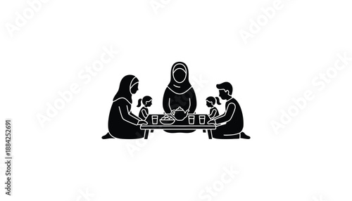 Family Dinner Gathering in Simple Monochrome Illustration with White Outlines on Black Background for Social Media