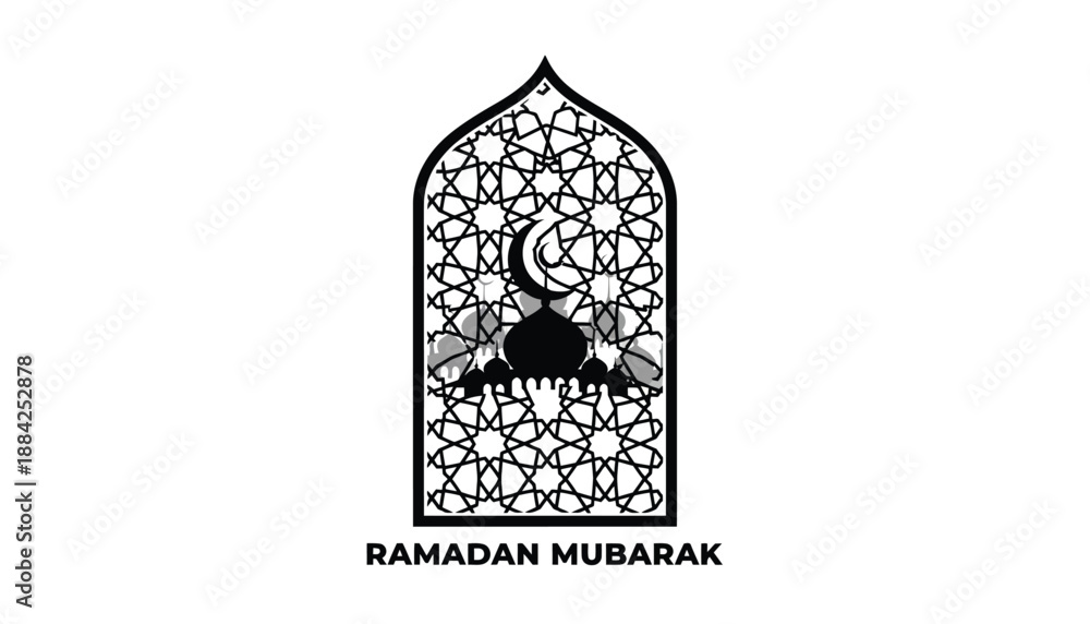 Obraz premium Ramadan Mubarak greeting card with crescent moon and lantern in islamic geometric pattern in black and white for religious greeting
