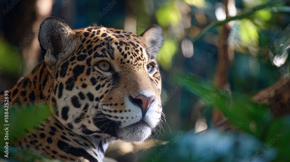 Obraz premium Jaguar Calmly Observing Its Surroundings in Lush Wildlife Habitat