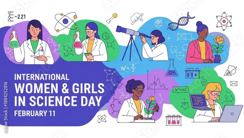 International women and girls in science day illustration with diverse scientists