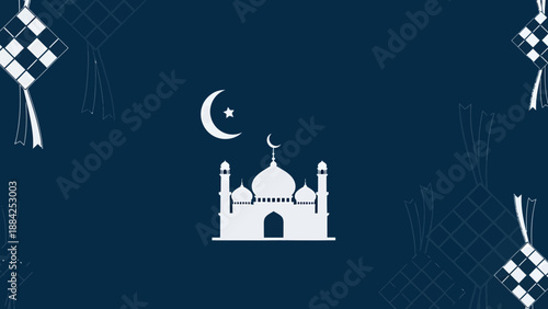Minimalist Eid Al-Fitr Background with Mosque Silhouette, Crescent Moon, and Ketupat Decoration in Navy Blue