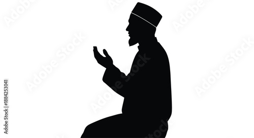Muslim man praying in silhouette with hands raised in contemplation against white background for spiritual
