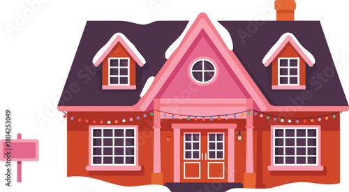 Cozy suburban home featuring snow-covered roof and festive holiday string lights.