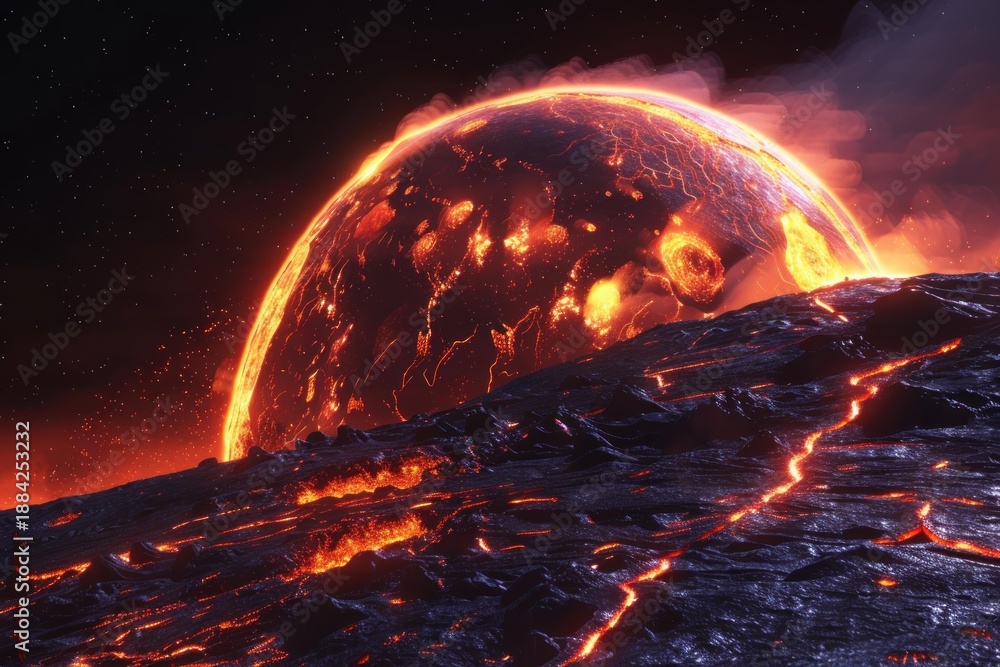 Fototapeta premium Molten planet rising over volcanic landscape, creating a dramatic and fiery scene