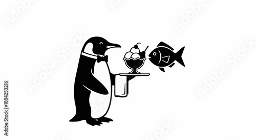 Whimsical penguin waiter serves a delightful ice cream sundae with a fish companion