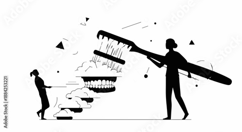 Silhouette of a woman brushing giant teeth with a huge toothbrush, symbolizing dental hygiene and oral care.
