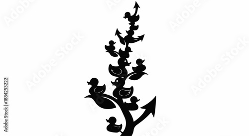 Playful flock of duck silhouettes climbing an upward arrow symbol.