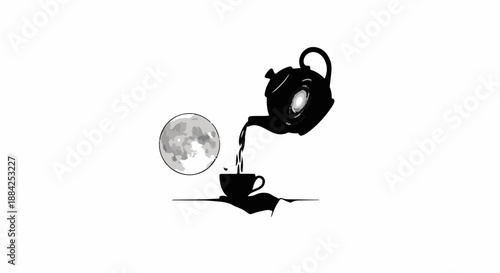 Whimsical illustration of a teapot pouring moonlight into a cup, creating a dreamlike scene.