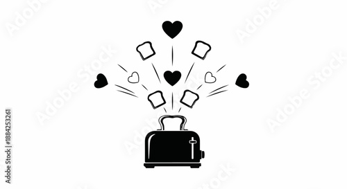 Toaster popping out toast and hearts, symbolizing love and breakfast joy.