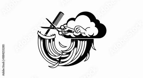 Creative hairstylist cuts flowing hair with scissors and comb from a cloud.