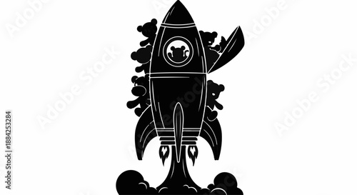 Whimsical teddy bears embark on an exciting space adventure in a launching rocket.