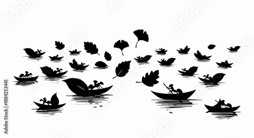 Silhouetted figures in boats journey through falling leaves, a serene and symbolic scene.