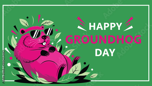 Vibrant pink groundhog character wearing cool sunglasses and surrounded by green leaves for a Happy Groundhog Day celebration banner or greeting.