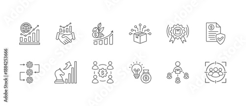 Business Model Stroke icon collections. Containing Partnership, Marketing, Process, Business, Retail, Growth, BMC, Business policy, and Business Strategy icons. Stroke icon collection Outline icon