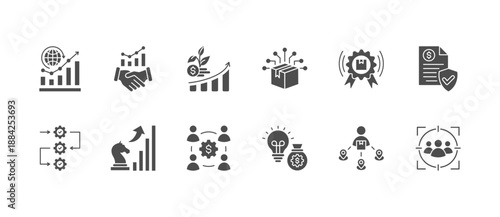 Business Model Stroke icon collections. Containing Partnership, Marketing, Process, Business, Retail, Growth, BMC, Business policy, and Business Strategy icons. Stroke icon collection Glyph icon