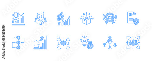 Business Model Stroke icon collections. Containing Partnership, Marketing, Process, Business, Retail, Growth, BMC, Business policy, and Business Strategy icons. Stroke icon collection Blue icon