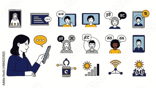 Diverse global communication concept. People icons, language translation, social media, and technology for worldwide connection and online interaction.