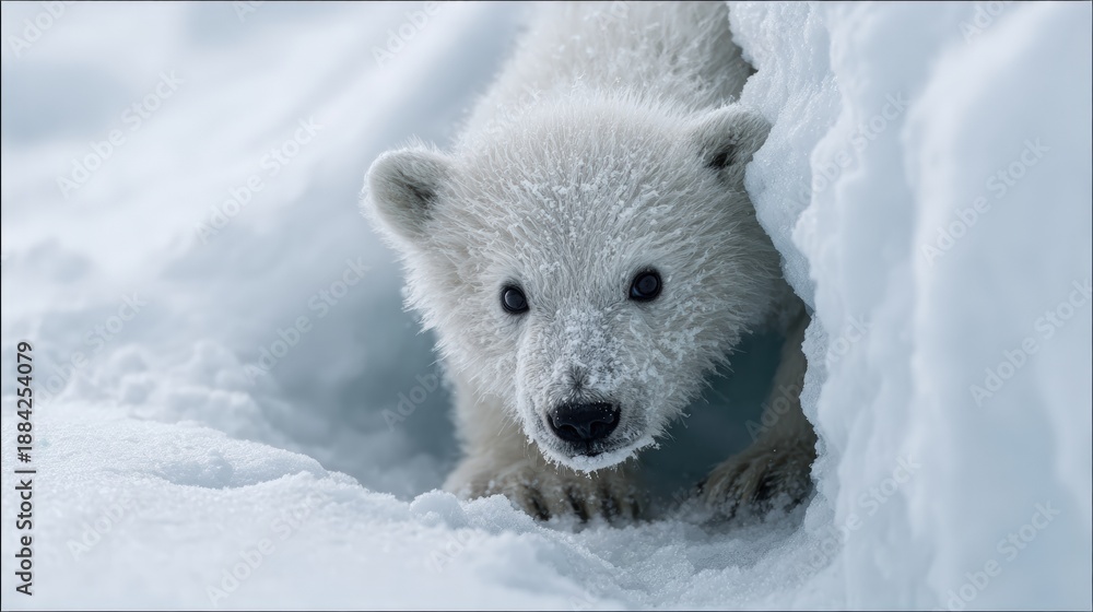 Obraz premium Vulnerable Polar Bear Cub in Snowy Environment Moments of Awareness