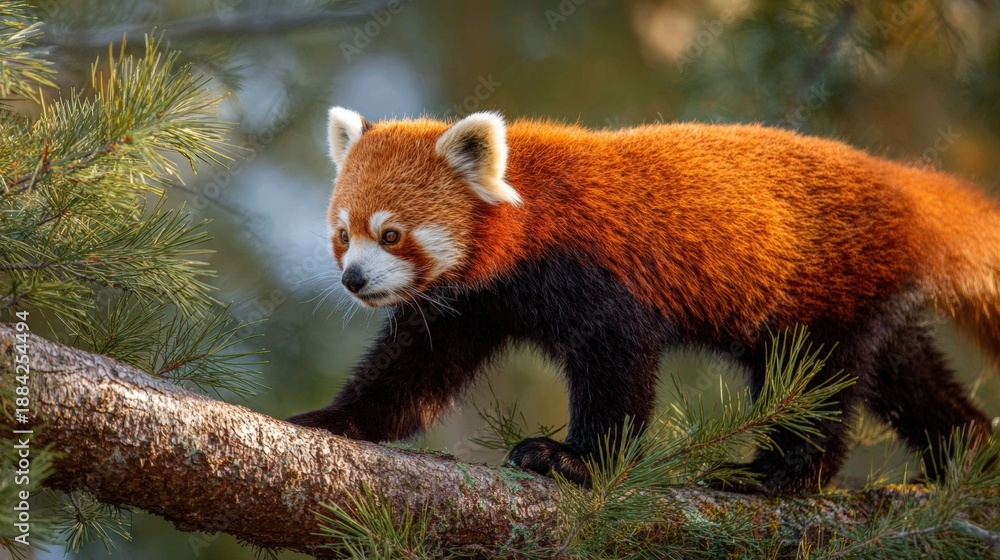 Fototapeta premium Red Panda Walking Along Tree Limb in Natural Habitat Portrait