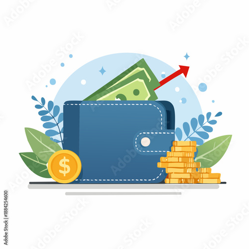 Wallet with money, coins, and upward arrow. Symbolizes financial growth, successful savings, increasing income, and wealth accumulation via smart investments