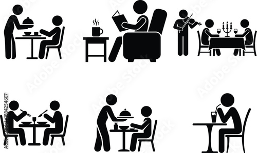 Various dining and leisure activities depicted by stick figures