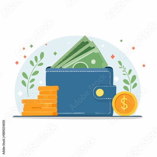 Stylish illustration of a blue wallet filled with cash and golden coins, symbolizing financial planning, personal savings, investment, and wealth management strategies