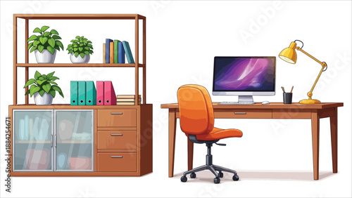 Vector Illustration of Modern Cozy Workplace Desk.