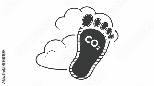 Footprint illustration depicting carbon footprint with CO2 surrounded by clouds in a simple graphic representation
