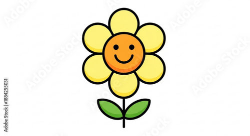 Smiling yellow flower with green leaves on white background symbolizing happiness and positivity