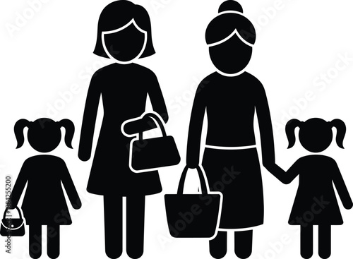 Family of four, composed of two women and two girls, carrying shopping bags