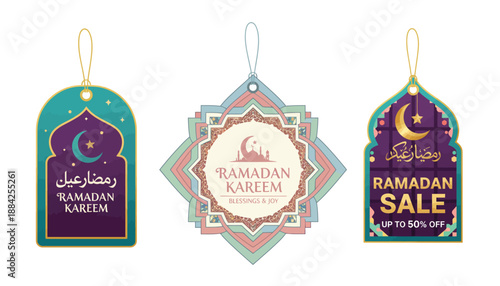 Ramadan Sale Tags with Islamic Calligraphy in Vibrant Colors and Ornate Designs for Marketing Campaigns