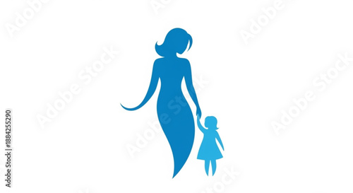 Mother and child walking hand in hand in blue silhouette symbolizing love and family bond
