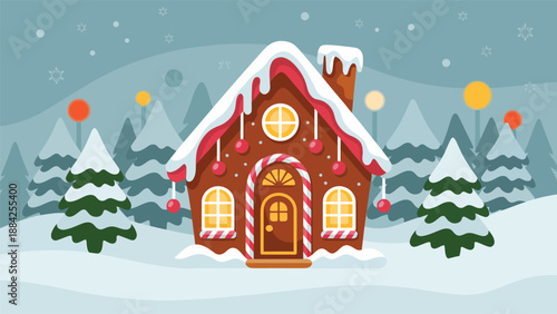 Charming gingerbread cottage sits nestled in a snowy winter forest landscape at dusk.