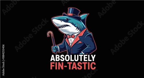 Absolutely Fin-tastic - Dapper Shark in Tuxedo with Top Hat and Cane Funny Pun Illustration for T-shirt Design