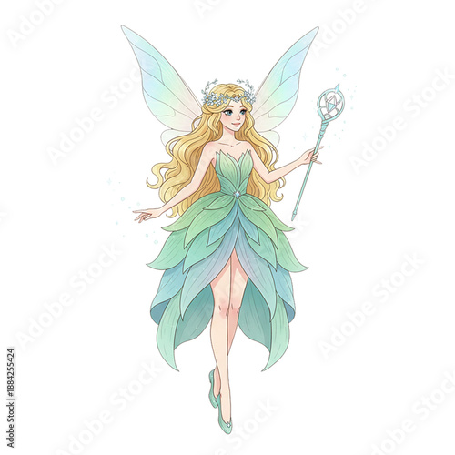 a fairy character with her costume and wand.isolated on a white background.