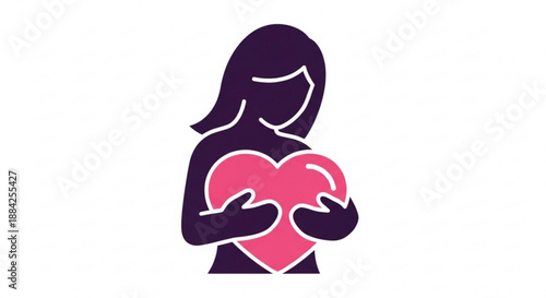 Woman holding pink heart symbol with both hands in dark purple silhouette on white background