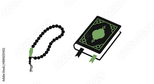 Prayer Beads and Quran in Minimalist Design with Green Accents on Black Background for Spiritual