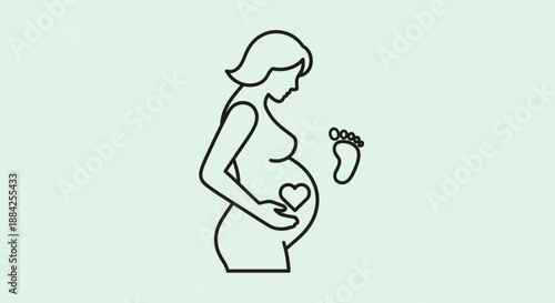 Pregnant woman cradling belly with heart and baby foot illustration